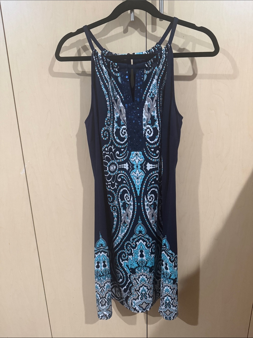 INC International Concepts glamorous Navy Blue Dress with Aqua and White.